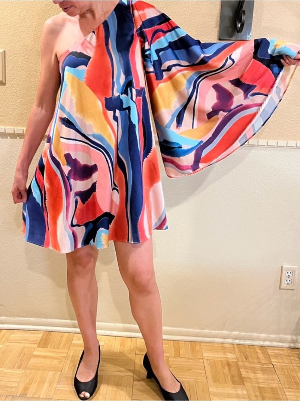 Anthropologie BHLDN one-shoulder satin mini dress. Bell sleeve. 2 pockets. M - Picture 5 of 11